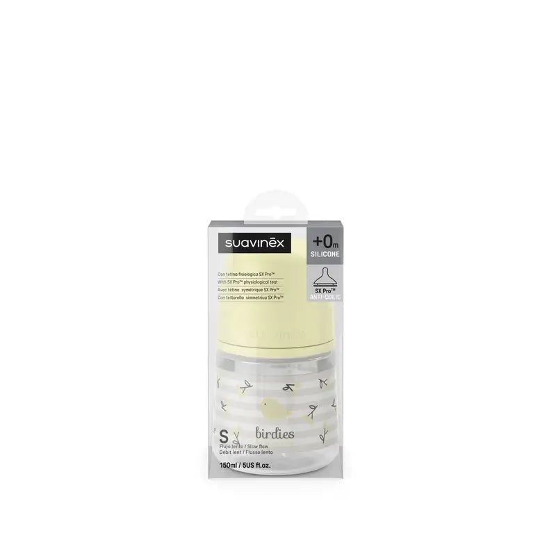 Suavinex Trinkflasche Sauger Sx Pro Slow Flow (S) +0 Monate Birdies Beige, 150 ml