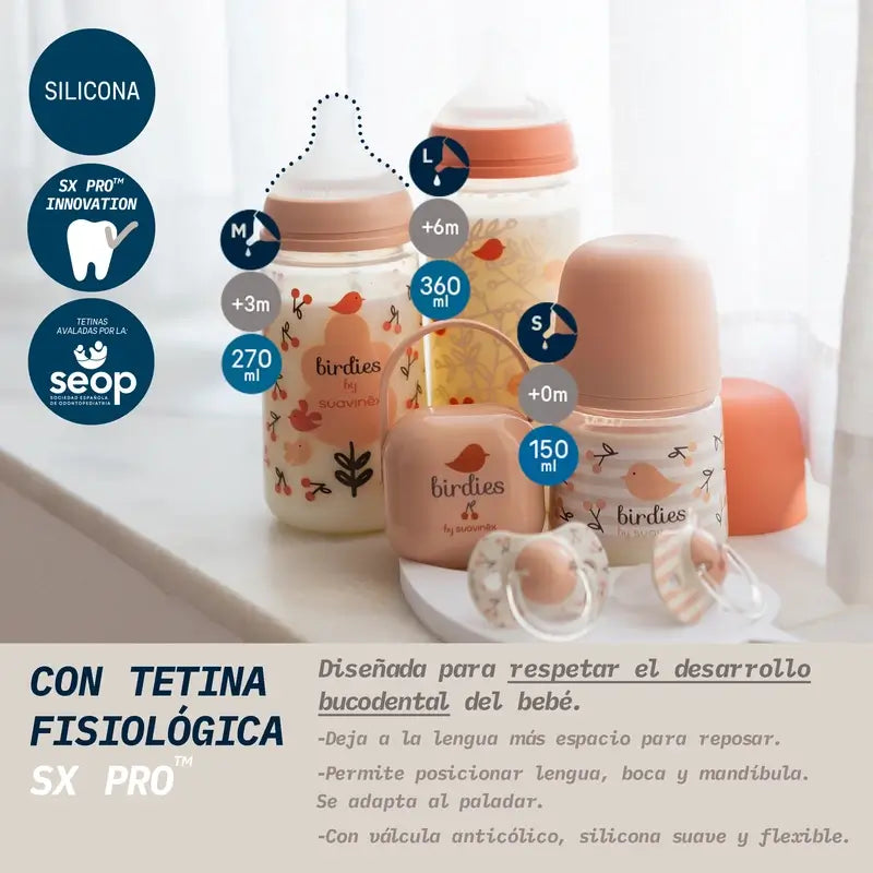 Suavinex Trinkflasche Sauger Sx Pro Slow Flow (S) +0 Monate Birdies Pink, 150 ml