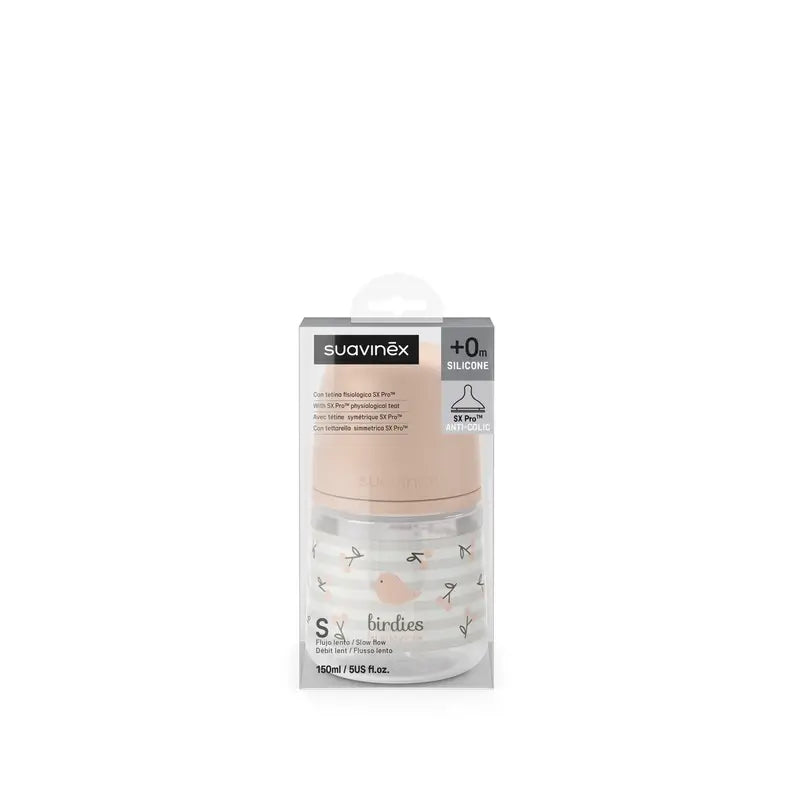 Suavinex Trinkflasche Sauger Sx Pro Slow Flow (S) +0 Monate Birdies Pink, 150 ml