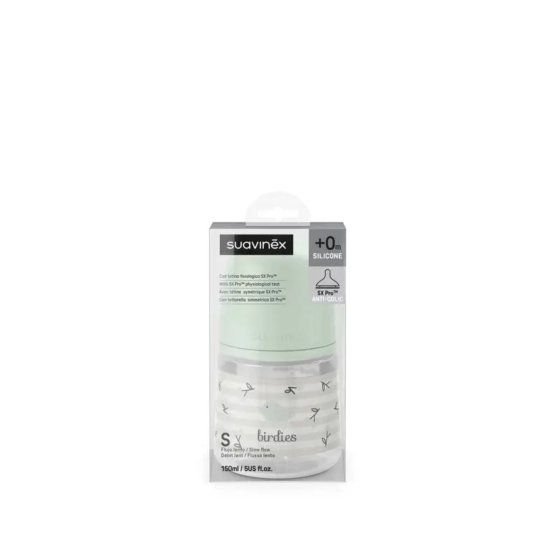 Suavinex Trinkflasche Sauger Sx Pro Slow Flow (S) +0 Monate Birdies Grün, 150 ml