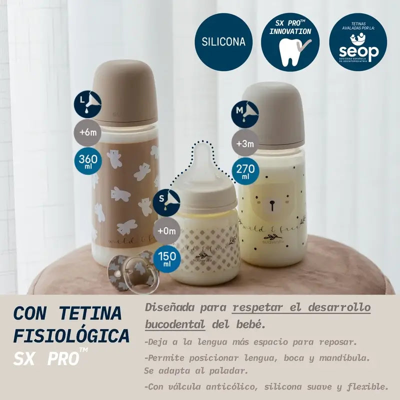 Suavinex Nuckelflasche Sx Pro Slow Flow (S) +0 Monate Wild&Free Beige, 150 ml
