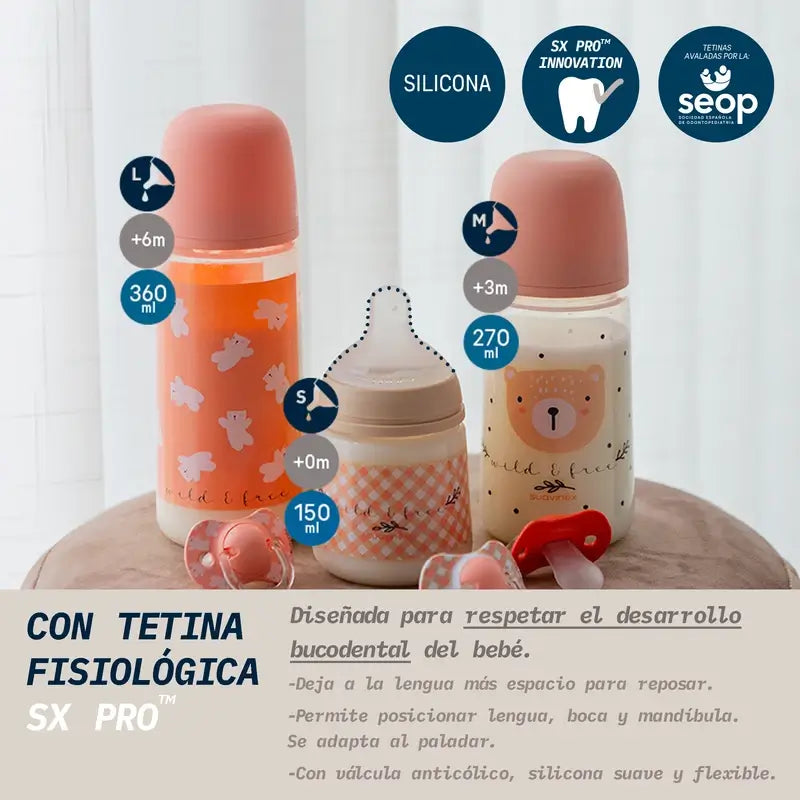 Suavinex Flasche Nippel Sx Pro Slow Flow (S) +0 Monate Wild&Free Pink, 150 ml