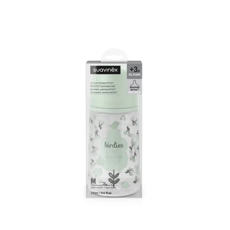 Suavinex Trinkflasche Sauger Sx Pro Medium Flow (M) +3 Monate Birdies Grün, 270 ml