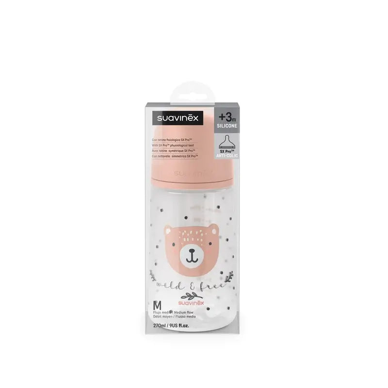 Suavinex Flasche Nippel Sx Pro Medium Flow (M) +3 Monate Wild&Free Pink, 270 ml