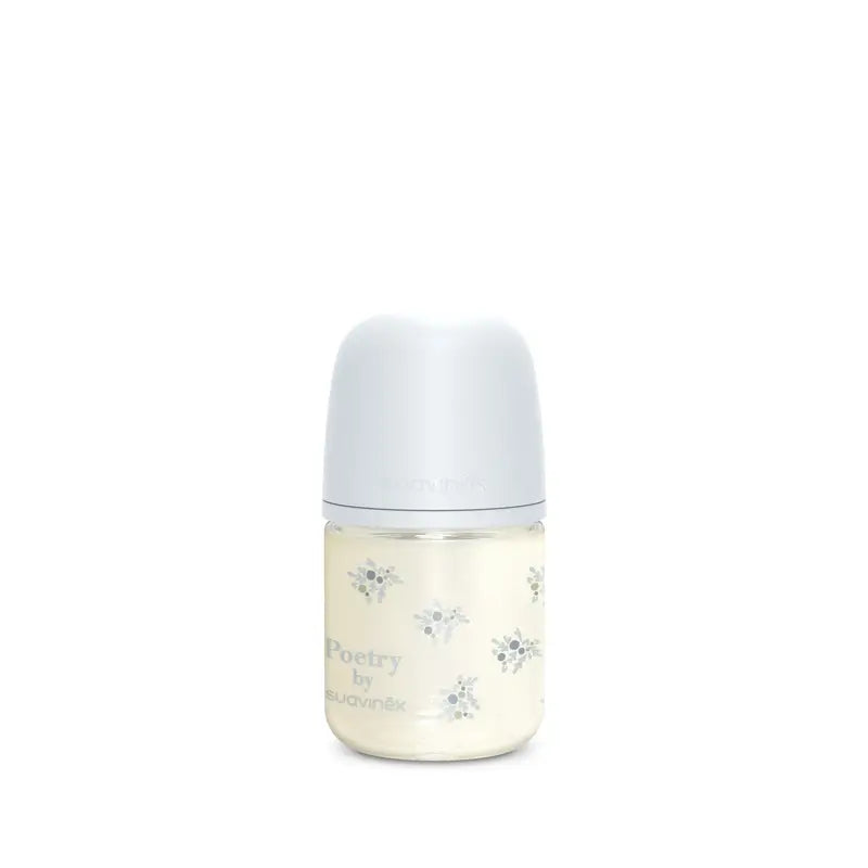 Suavinex Glasflasche 120 ml, Slow Flow (S), +0 Monate, Blaue Poesie
