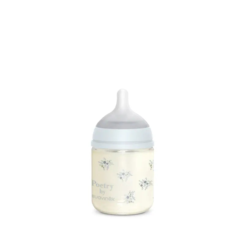Suavinex Glasflasche 120 ml, Slow Flow (S), +0 Monate, Blaue Poesie