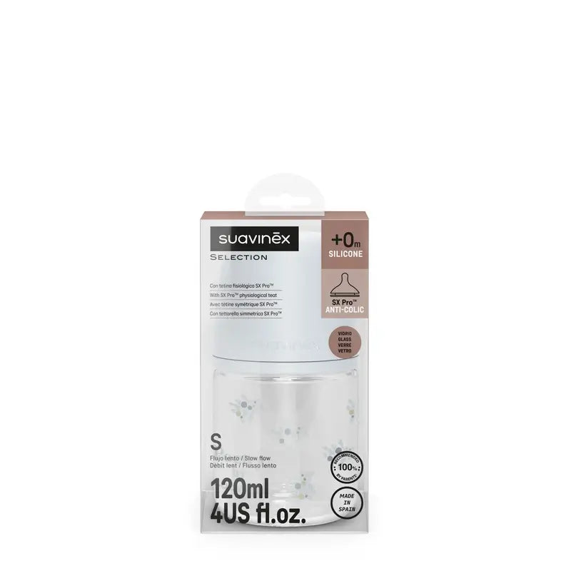 Suavinex Glasflasche 120 ml, Slow Flow (S), +0 Monate, Blaue Poesie