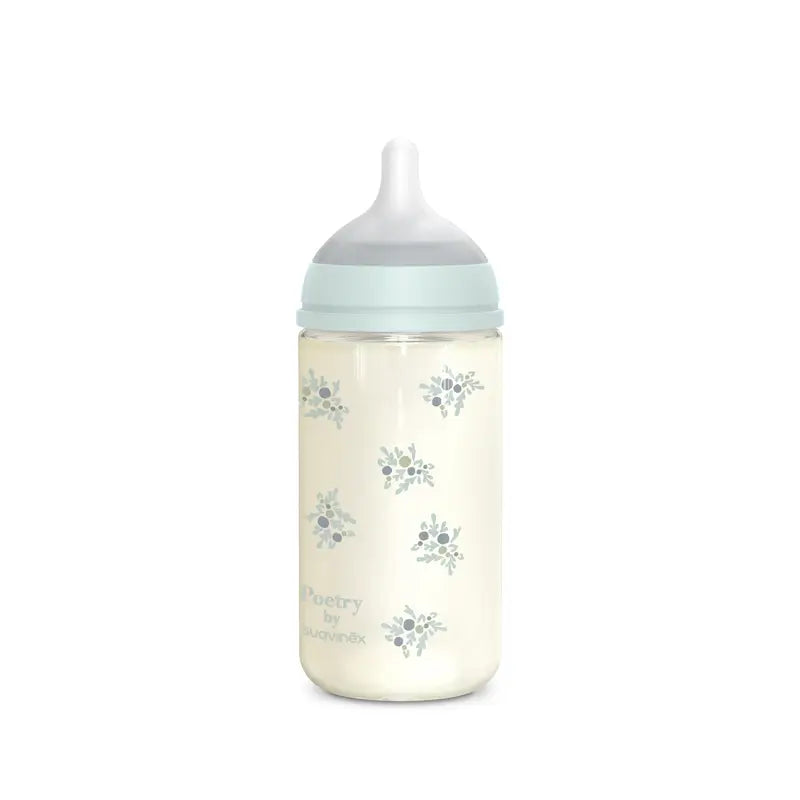 Suavinex Babyflasche Glas 240 ml, Medium Flow (M), +3 Monate, blaue Poesie