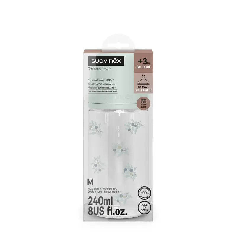 Suavinex Babyflasche Glas 240 ml, Medium Flow (M), +3 Monate, blaue Poesie