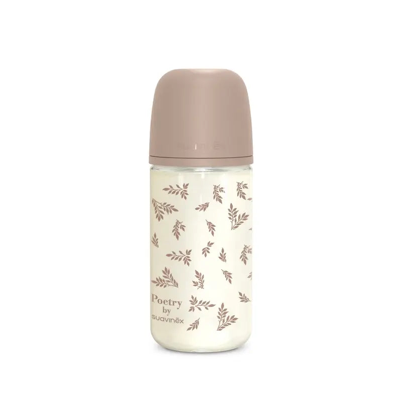 Suavinex Babyflasche Glas 240 ml, Medium Flow (M), +3 Monate, Poesie Beige
