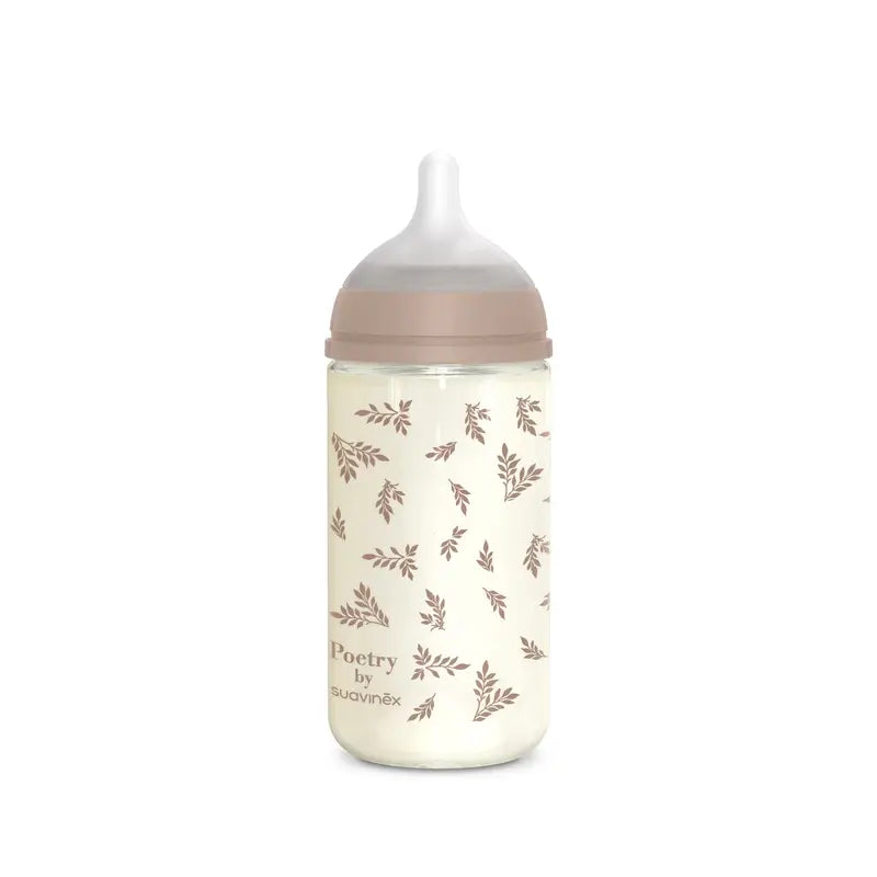 Suavinex Babyflasche Glas 240 ml, Medium Flow (M), +3 Monate, Poesie Beige
