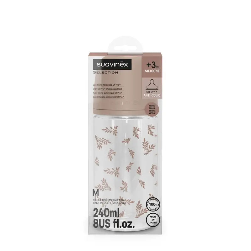 Suavinex Babyflasche Glas 240 ml, Medium Flow (M), +3 Monate, Poesie Beige