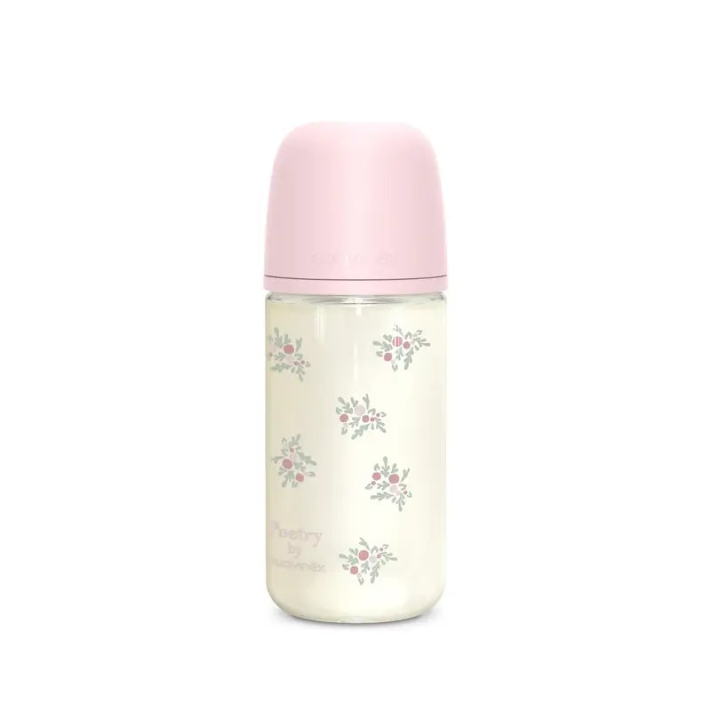 Suavinex Babyflasche Glas 240 ml, mittlerer Durchfluss (M), +3 Monate, rosa Poesie