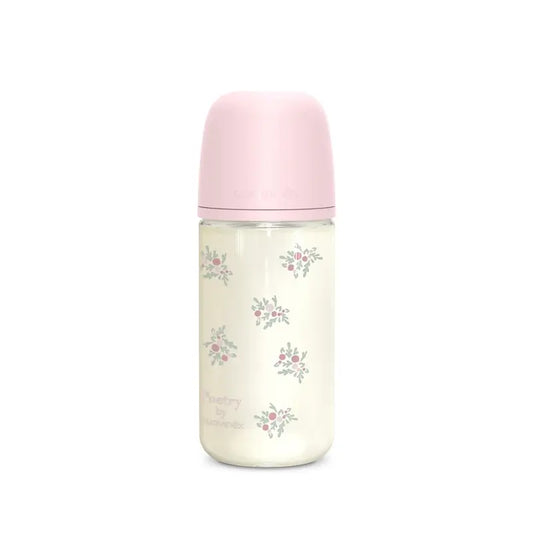 Suavinex Babyflasche Glas 240 ml, mittlerer Durchfluss (M), +3 Monate, rosa Poesie