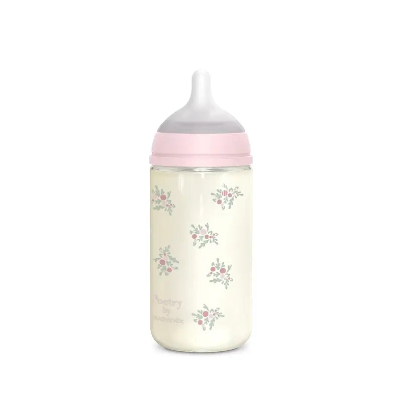 Suavinex Babyflasche Glas 240 ml, mittlerer Durchfluss (M), +3 Monate, rosa Poesie