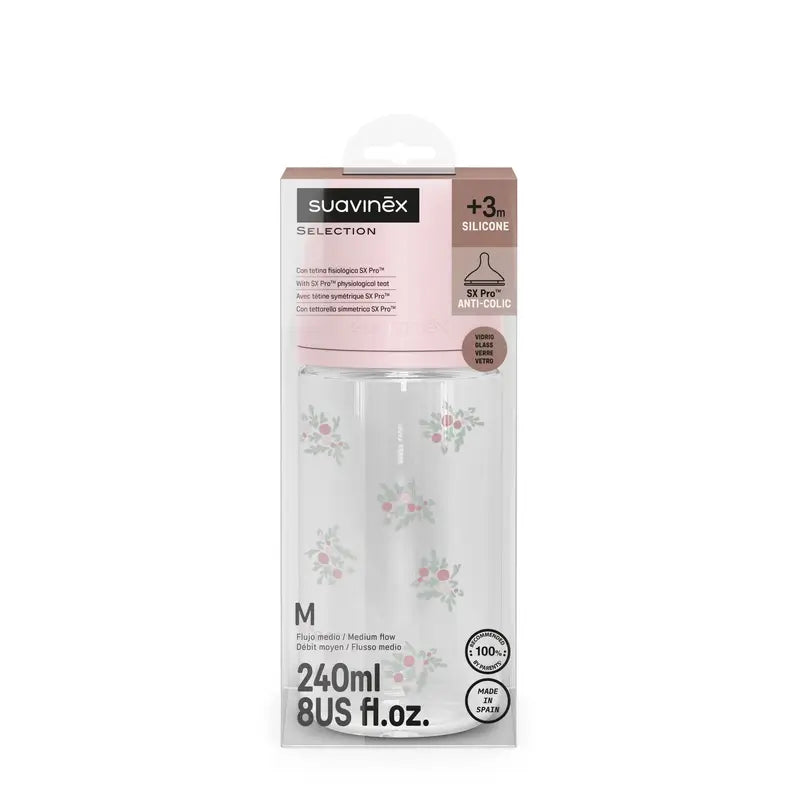 Suavinex Babyflasche Glas 240 ml, mittlerer Durchfluss (M), +3 Monate, rosa Poesie