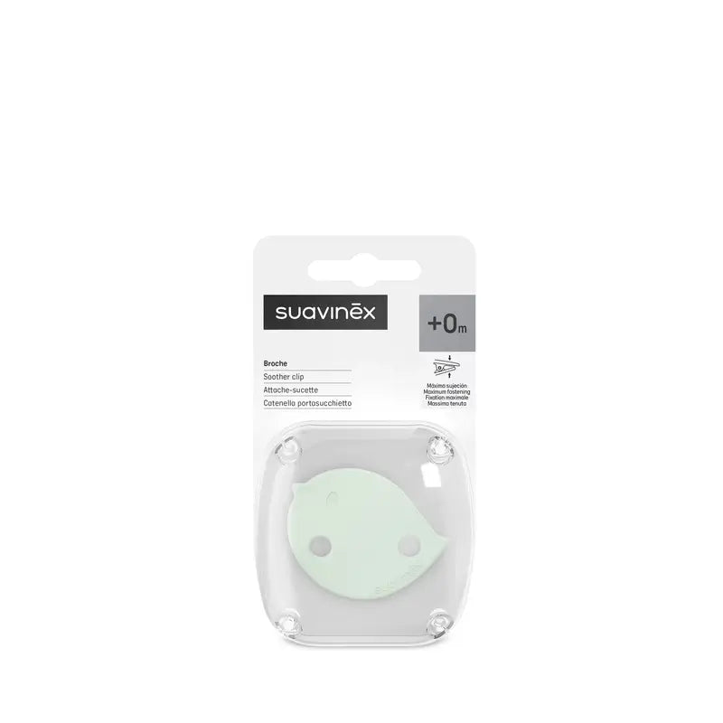 Suavinex Brosche Clip Schnuller Halter +0 Monate Vögelchen Grün