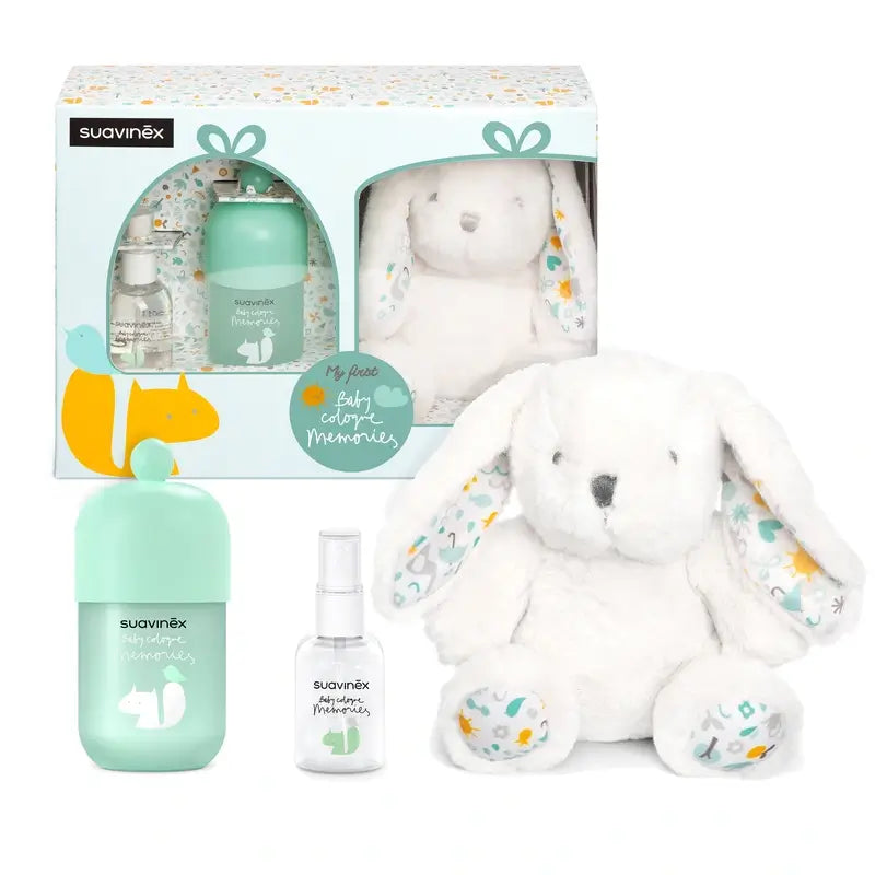 Suavinex Baby-Geschenk-Set mit Baby-Köln-Erinnerungen 100 ml + Reiseformat 50 + Baby-Kuscheltier
