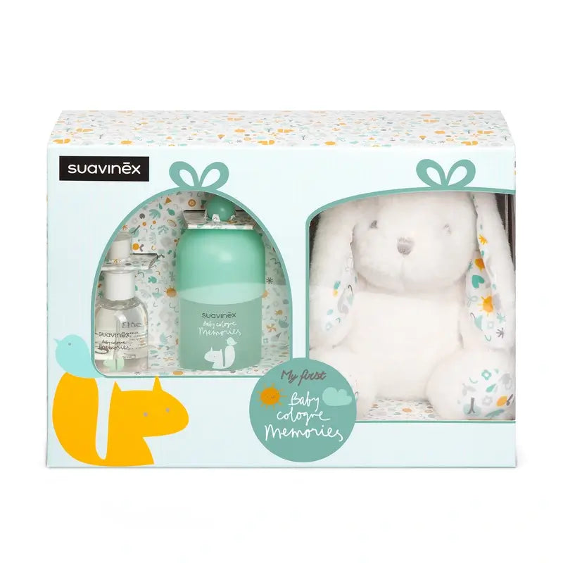 Suavinex Baby-Geschenk-Set mit Baby-Köln-Erinnerungen 100 ml + Reiseformat 50 + Baby-Kuscheltier