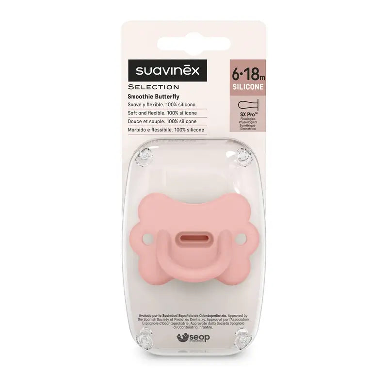 Suavinex Schnuller alle Silikon Schnuller Sx Pro, 6/18 Monate, Schmetterling Pfirsich rosa