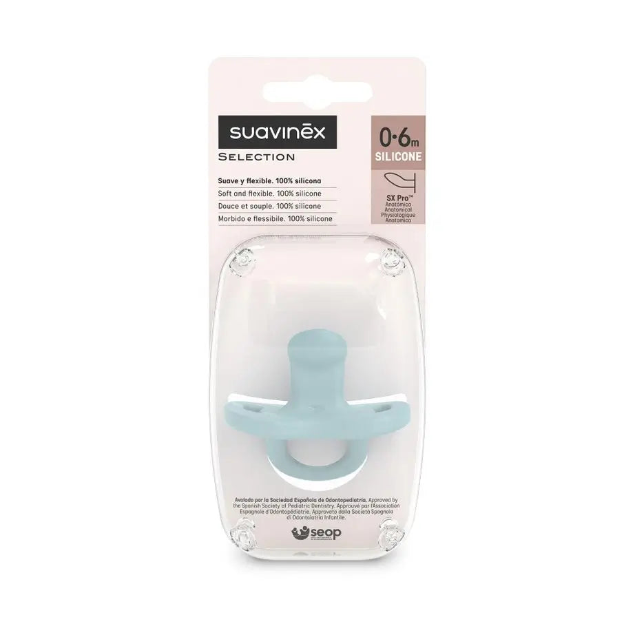 Suavinex Schnuller Vollsilikon, für Babys 0/6 Monate, Schnuller mit anatomischem Sauger Sx Pro, Farbe Essence, Blau
