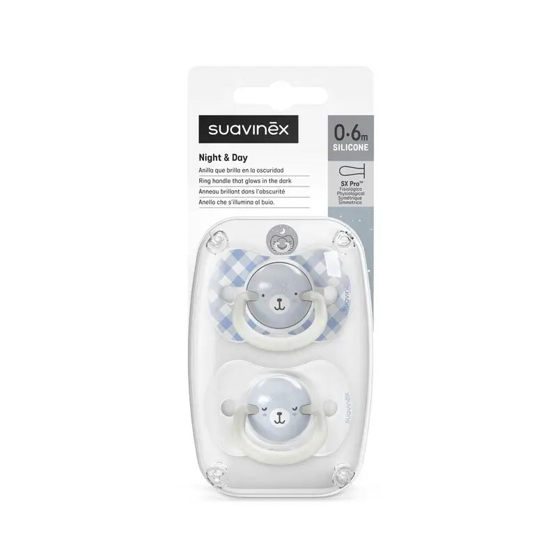 Suavinex Night & Day Nacht Schnuller Sx Pro Sauger 0/6 Monate Blau, 2 Stück