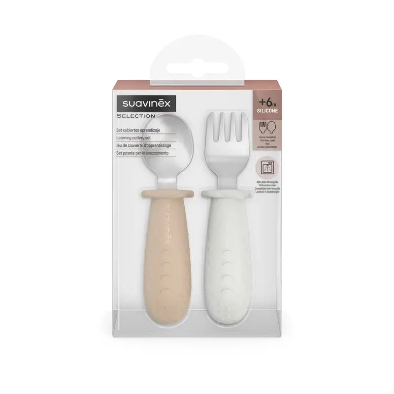 Suavinex Besteck Learning Edelstahl, +6 Monate, Beige