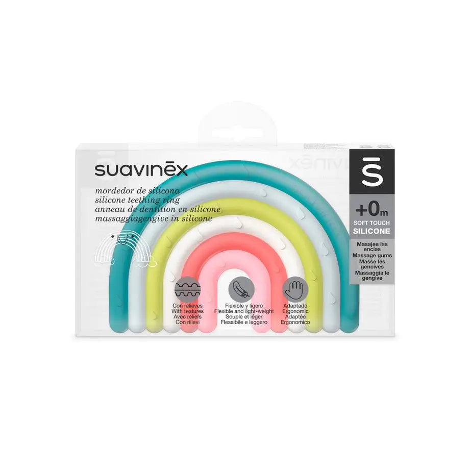 Suavinex Silikon-Beißring +0 Monate, Regenbogen, Mehrfarbig