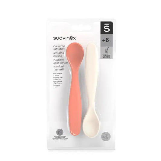 Suavinex Pack 2 Säuglingslöffel. Geeignet für empfindliches Zahnfleisch. Ideal für Babynahrung und Gläschen. +4 Monate, Koralle + Grau