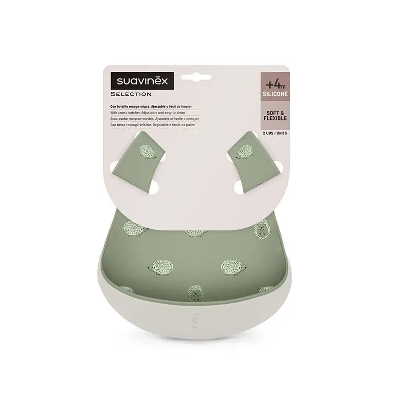 Suavinex 2er-Pack wasserdichte flexible Silikon-Lätzchen mit Krümelfang-Tasche, +4 Monate, grün + grau