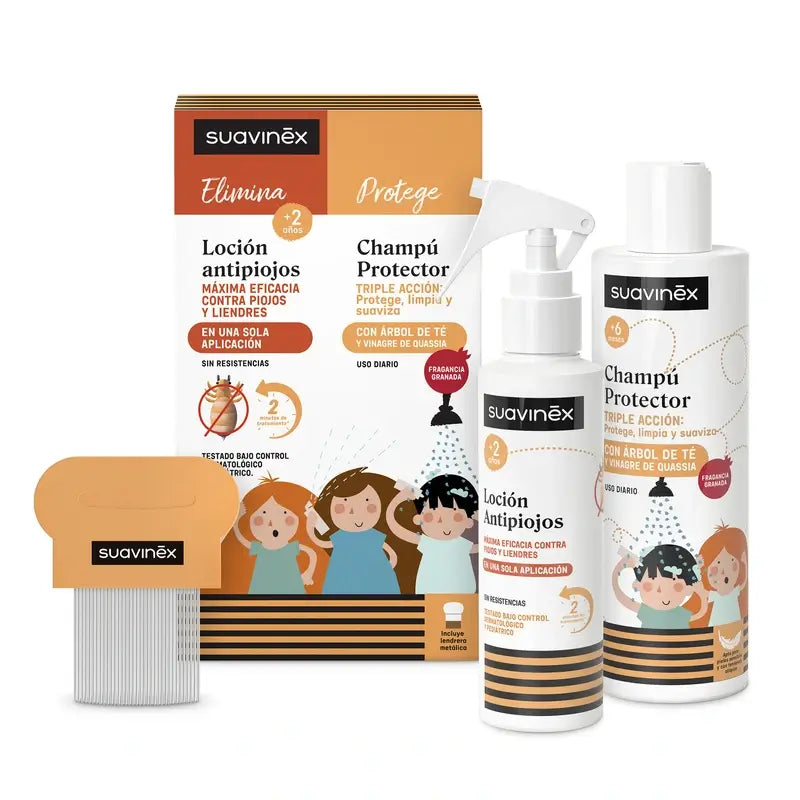 Suavinex Pack Anti-Läuse-Lotion 125 ml + Schutz-Shampoo 250 ml + Läuseschutzmittel, +2 Jahre alt