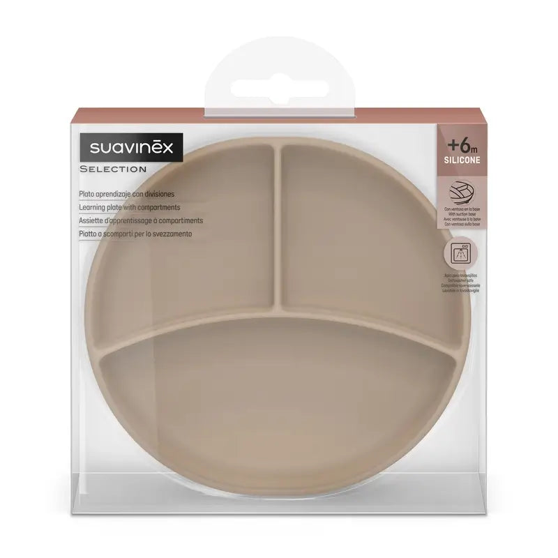 Suavinex Silikonteller mit Saugnapf und Unterteilungen, +6 Monate, Beige