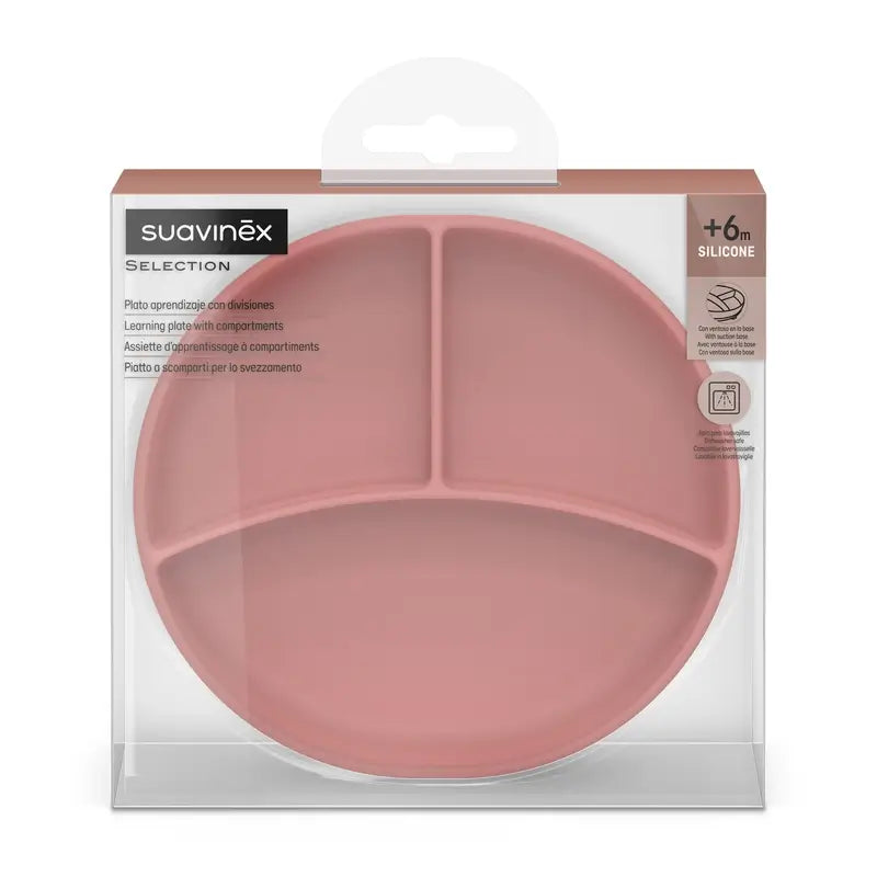 Suavinex Silikonteller mit Saugnapf und Unterteilungen, +6 Monate, rosa