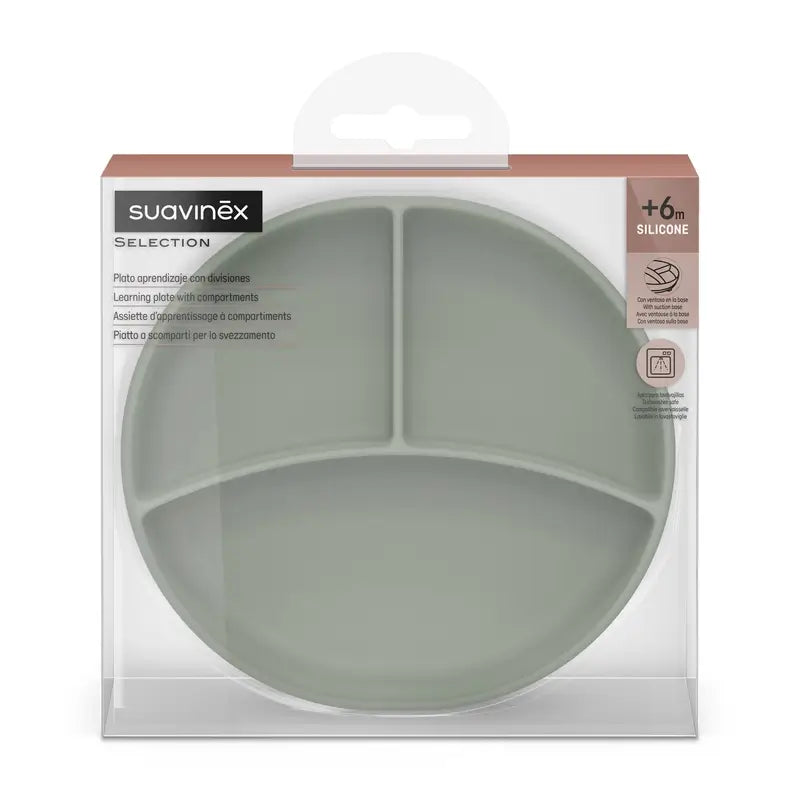Suavinex Silikonteller mit Saugnapf und Unterteilungen, +6 Monate, grün