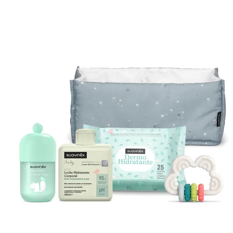 Suavinex Baby Geschenk Babymilch 300 ml + Baby Köln Erinnerungen 100 ml + Tücher + Beißring, blau