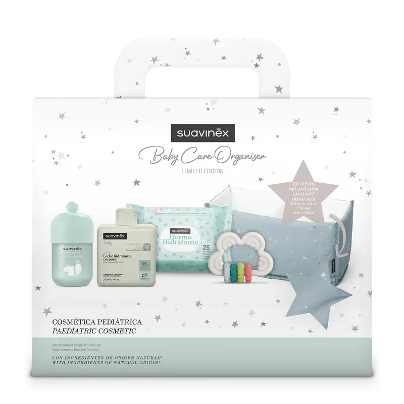 Suavinex Baby Geschenk Babymilch 300 ml + Baby Köln Erinnerungen 100 ml + Tücher + Beißring, blau