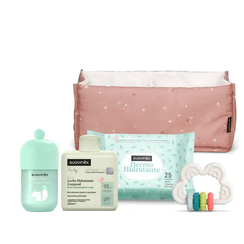 Suavinex Baby Geschenk Babymilch 300 ml + Baby Köln Erinnerungen 100 ml + Tücher + Beißring, Rosa