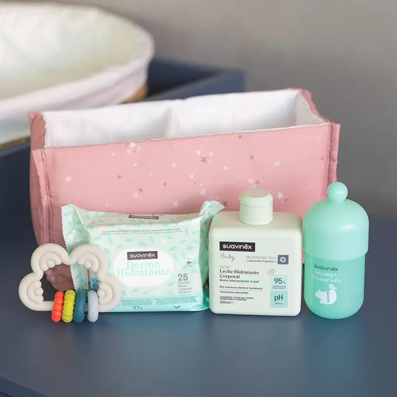 Suavinex Baby Geschenk Babymilch 300 ml + Baby Köln Erinnerungen 100 ml + Tücher + Beißring, Rosa