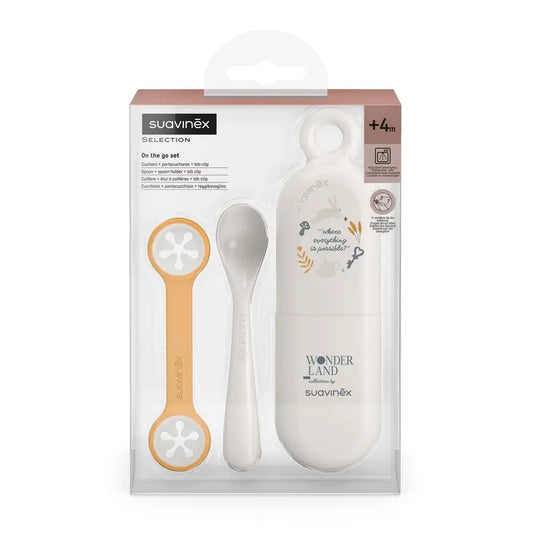 Suavinex Set Löffel + Löffelhalter Etui + Lippenstifthalter, +4 Monate, Wonderland Beige
