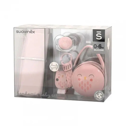 Suavinex Neugeborenen-Geschenk-Set: Baumwolle Muslin + Schnuller + Pin Clip + Duo Schnuller-Halter (4 Pcs). Bonhomia, Rosa