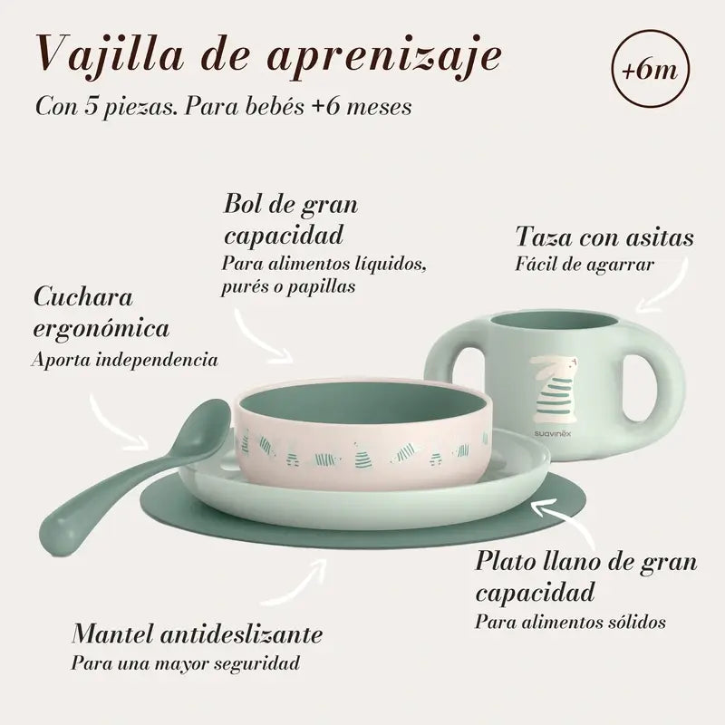 Suavinex Baby-Geschirr +6 Monate, Weiß Grün