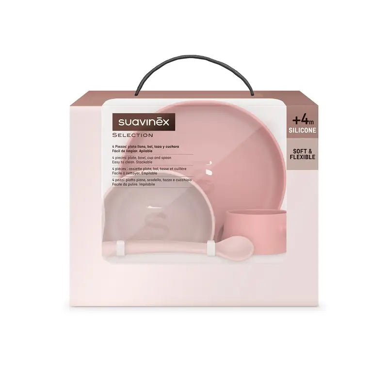 Suavinex Silikon-Geschirr 4 Stück mit Saugnapf, +4 Monate, rosa