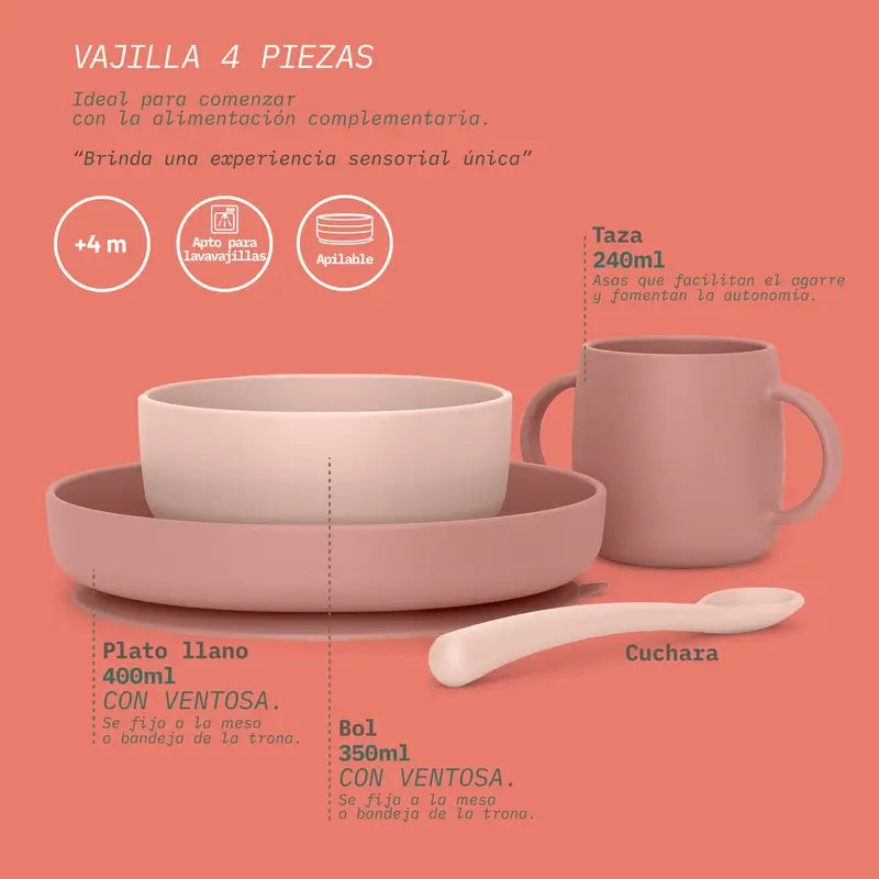Suavinex Silikon-Geschirr 4 Stück mit Saugnapf, +4 Monate, rosa