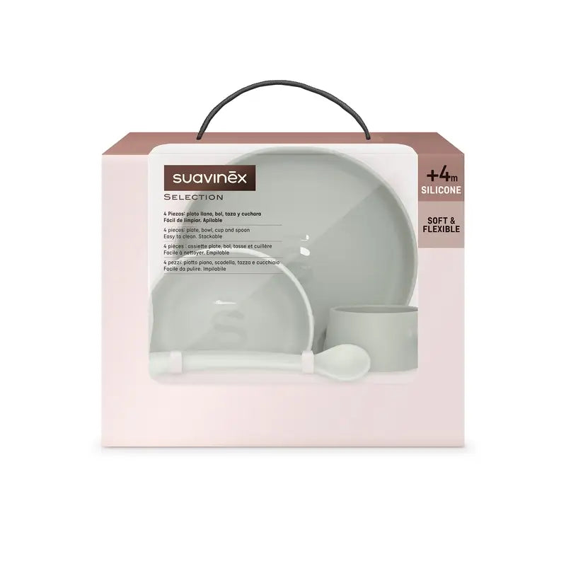 Suavinex Silikon-Geschirr 4 Stück mit Saugnapf, +4 Monate, grün