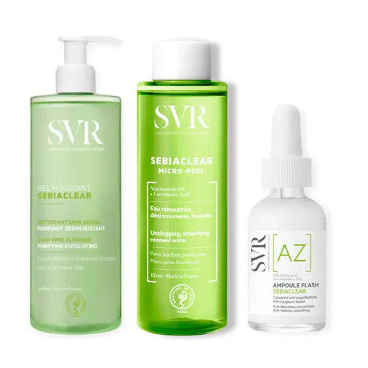 Svr Pack Akne Akne Haut Routine Sebiaclear Ampulle Flash, 30 ml + Sebiaclear Gel Mousse 400 ml + Sebiaclear Micro Peel 150 ml