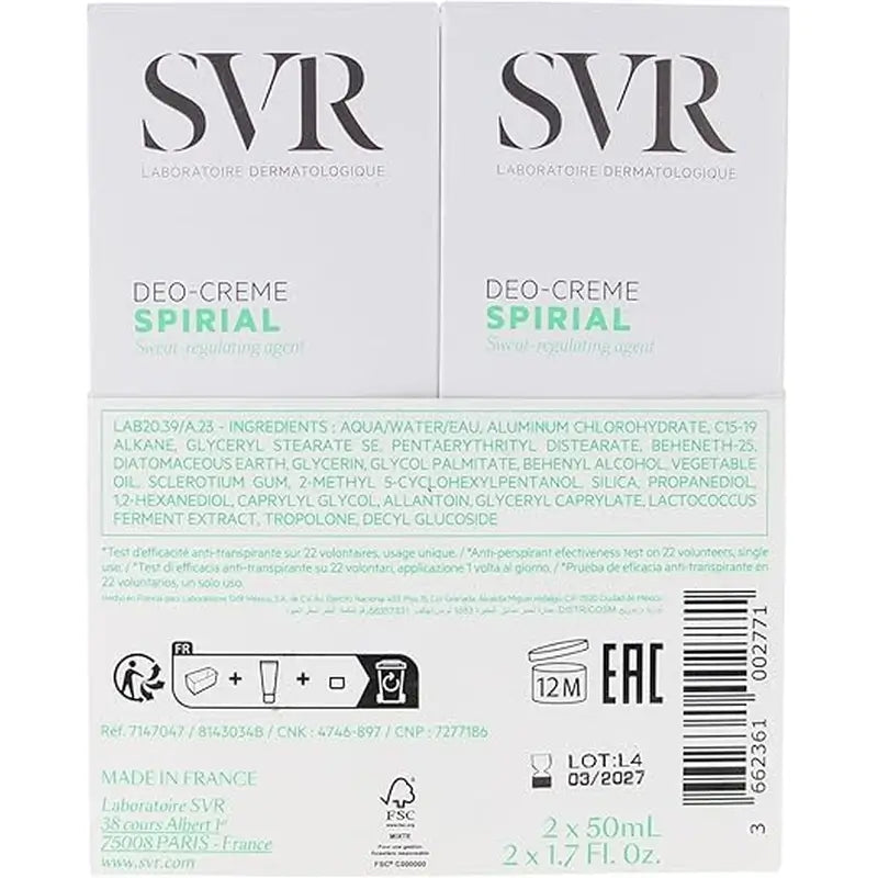 SVR Spirial Duo Deo-Creme Anti-Transpirant 48h, 2x50 ml
