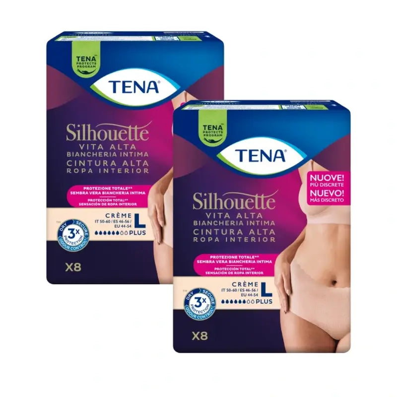 Tena Pack Silhouette Creme Plus Hohe Taille Größe L, 2 X 8 Stück