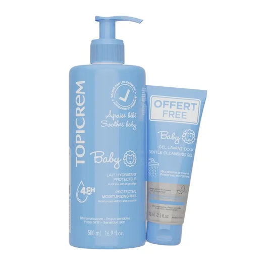 Topicrem Pack Baby-Feuchtigkeitsmilch 500 ml + Baby-Reinigungsgel 75 ml Gratis-Geschenk