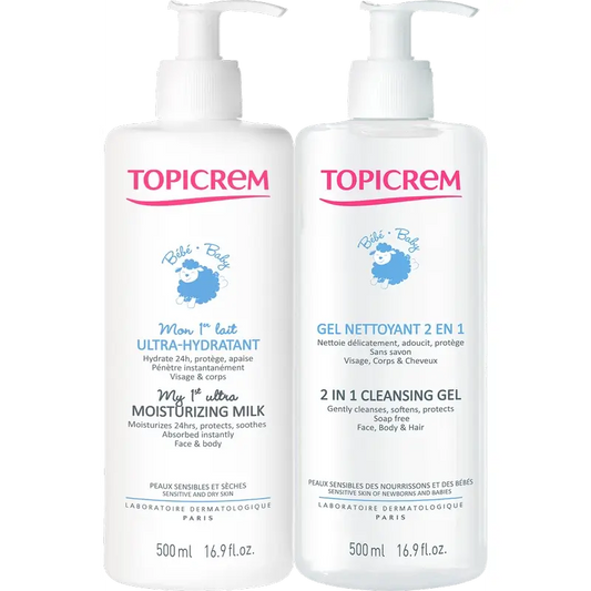 Topicrem Pack Baby Ultra-Feuchtigkeitsmilch 500 ml + Reinigungsgel 500 ml