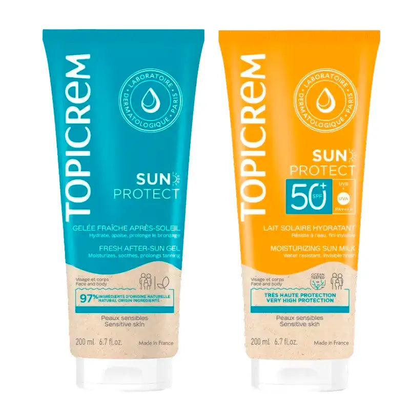 Topicrem Sun Protect SPF50+ Sonnenmilch + feuchtigkeitsspendendes Aftersun-Pack 200 ml